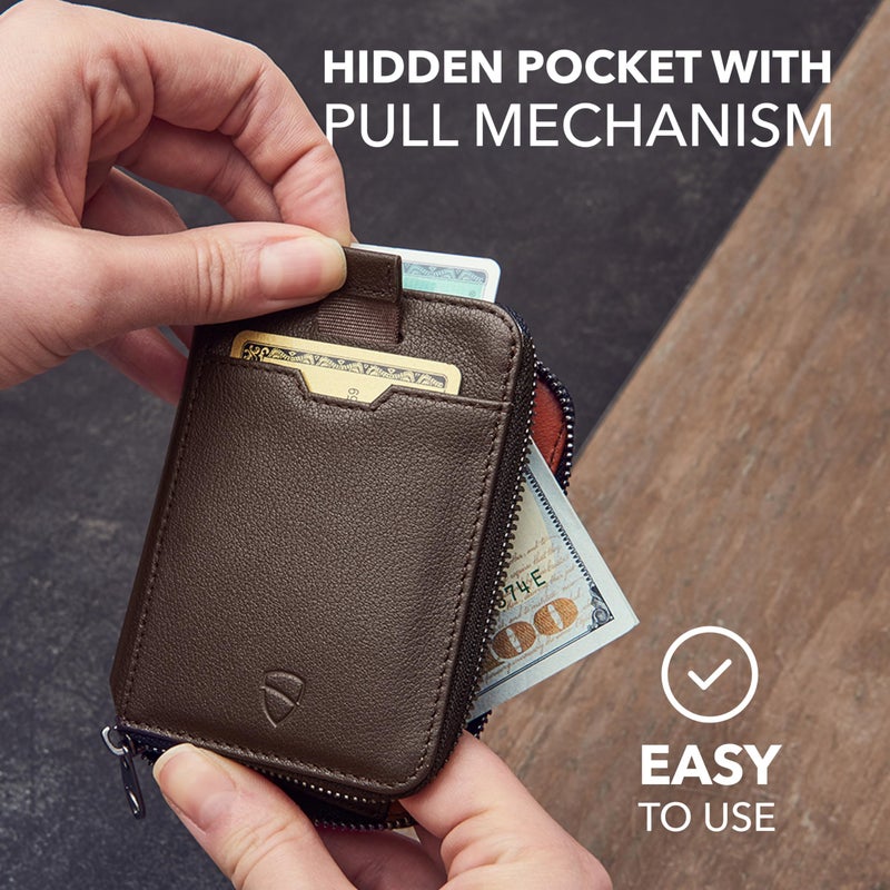 Vaultskin NOTTING HILL Minimalist Leather Zipper Wallet for Women and Men: Slim Multi Cardholder with RFID Blocking and Keychain Ring (Brown) - Image 2